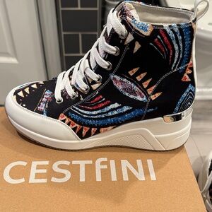 Women's Patterned High-Top Sneakers - Black and White with multiple colors.